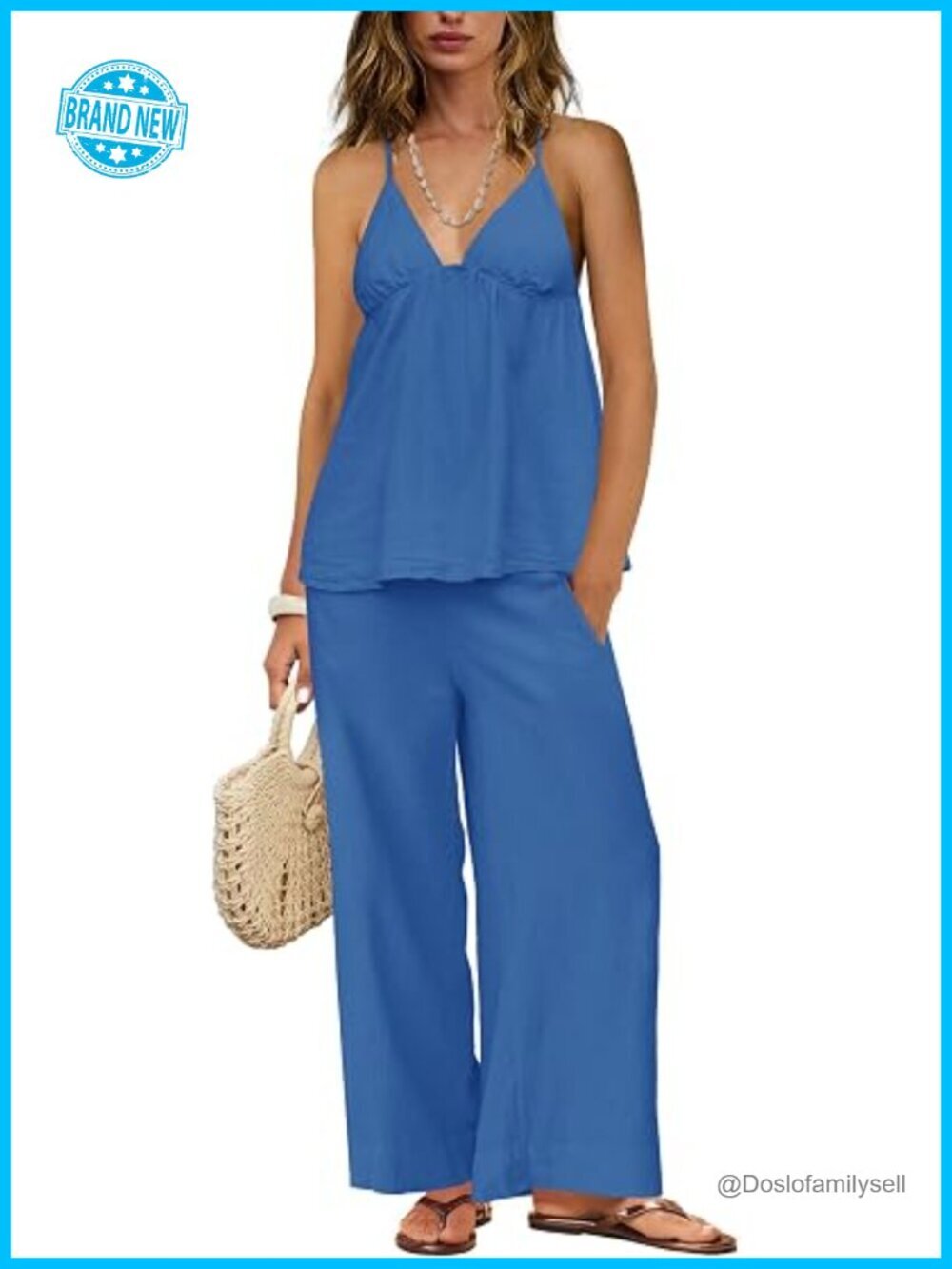 2 Piece Linen Set Spaghetti Strap Top Wide Leg Pants Loungewear Set